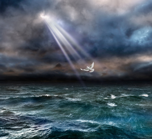 image of a dove flying over a tumultuous sea with rays of light streaming down out of a break in the dark storm clouds