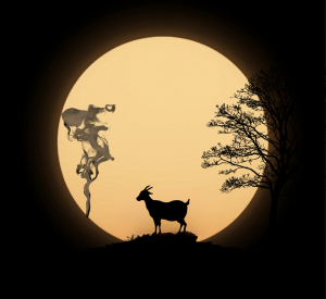 silhouette of a goat on a rock in front of an orange moon with the silhouette of a tree on one side and the silhouette of rising smoke on the other