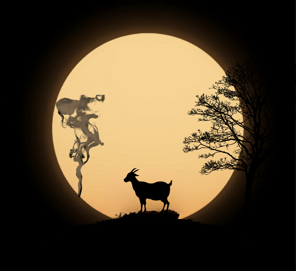 silhouette of a goat on a rock in front of an orange moon with the silhouette of a tree on one side and the silhouette of rising smoke on the other